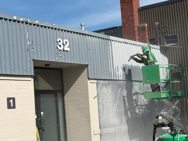 Commercial cladding sandblasted on a GTA job site
